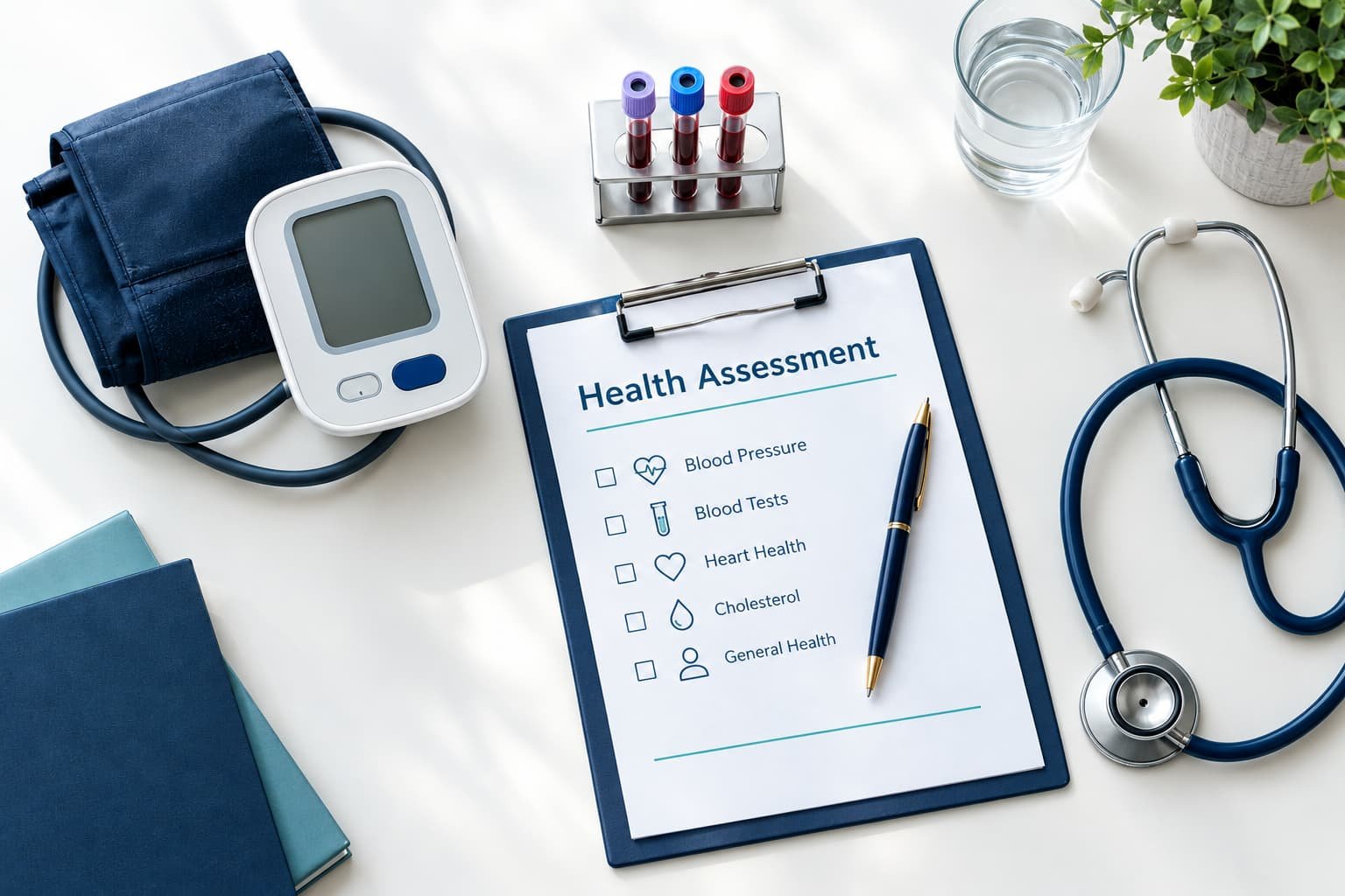Blood pressure monitor, blood sample tubes, clipboard and stethoscope arranged for an erectile dysfunction health assessment