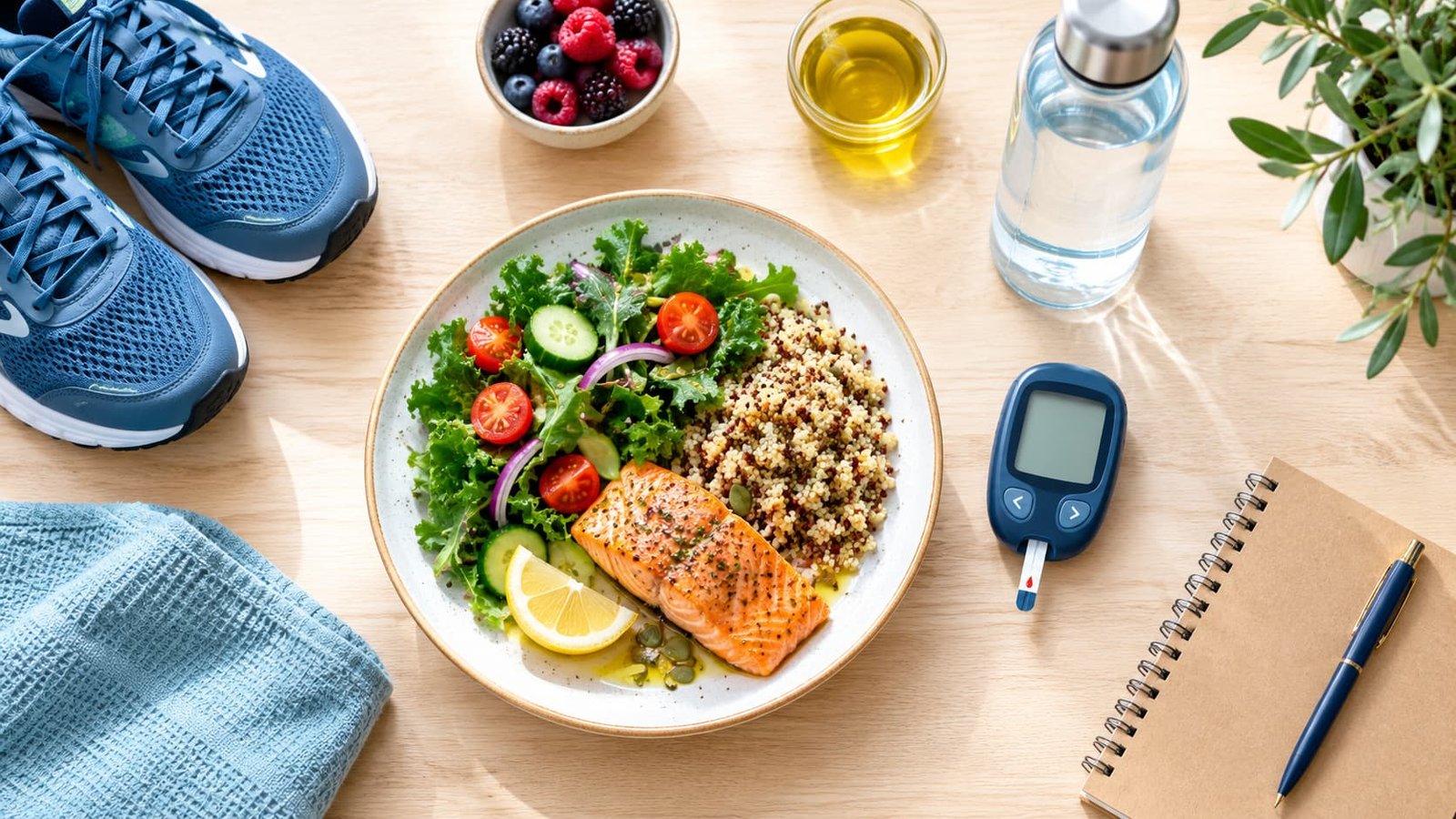 Healthy meal, running shoes and glucose monitor representing lifestyle steps for diabetes-related erectile dysfunction