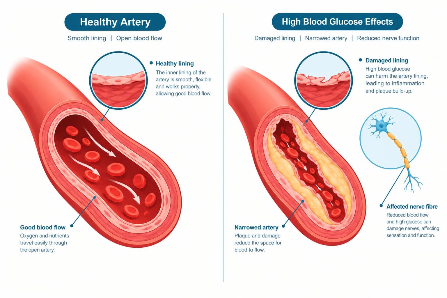 Illustration comparing a healthy artery with a narrowed artery damaged by high blood glucose