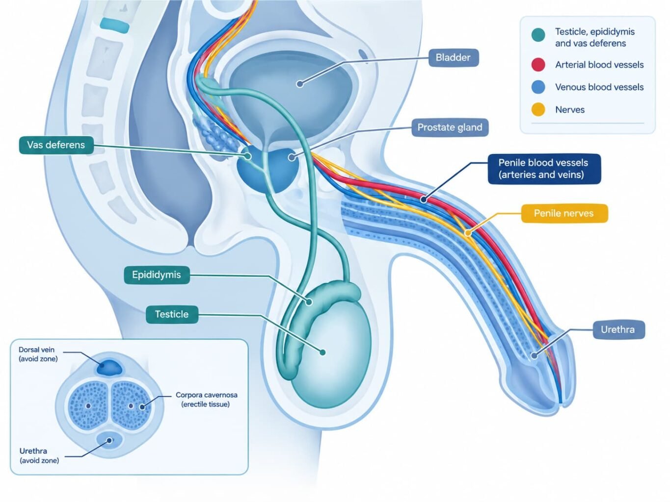 Simplified diagram showing the vas deferens separate from penile blood vessels and nerves