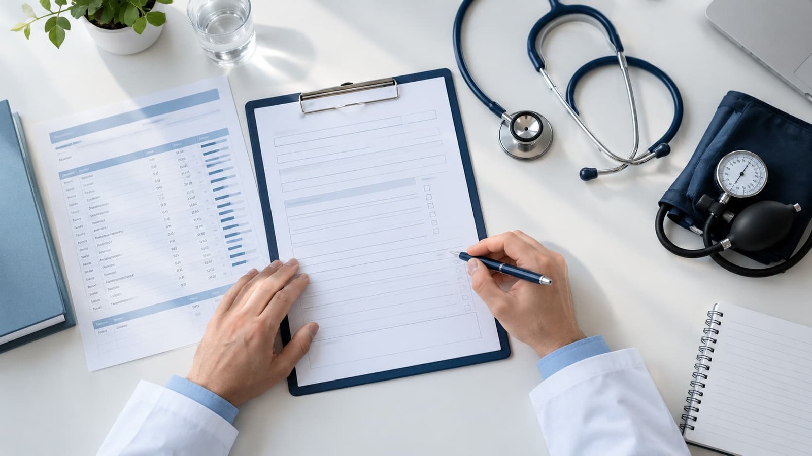 Doctor’s desk with questionnaire, blood test report and stethoscope used in erectile dysfunction assessment