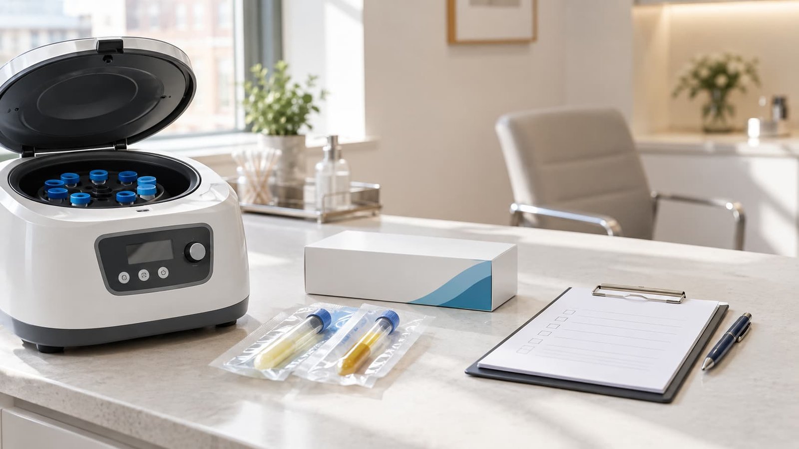PRP preparation area in a London clinic with a centrifuge, sterile tubes and a documentation checklist