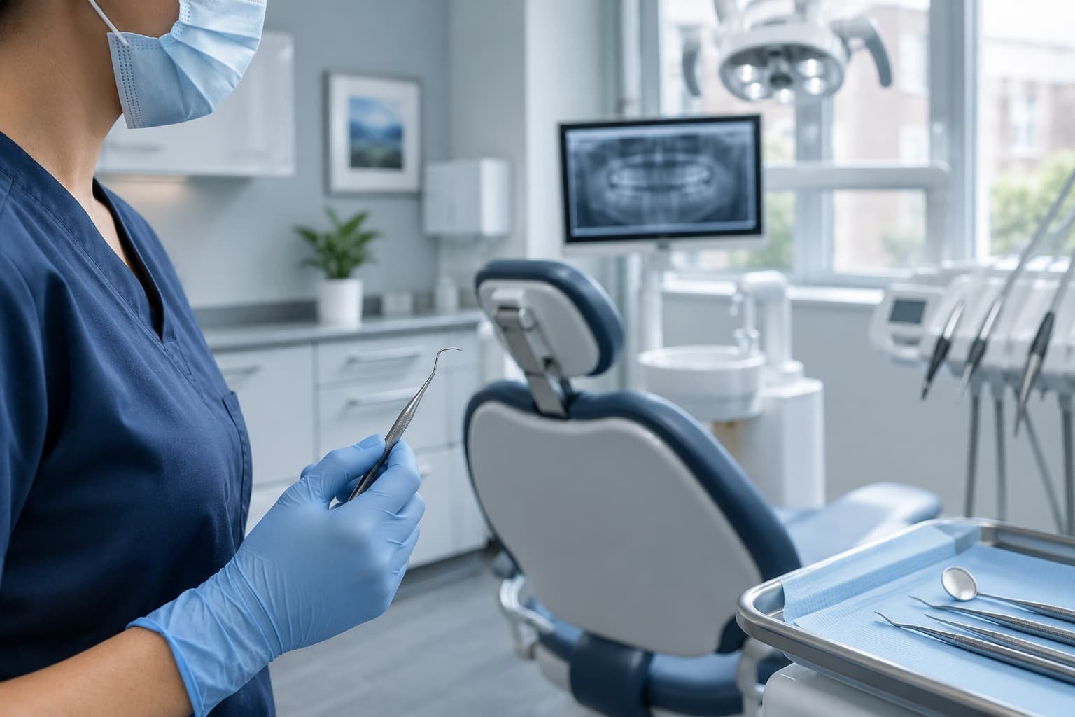 Dentist examining gums with a periodontal probe during a routine check-up