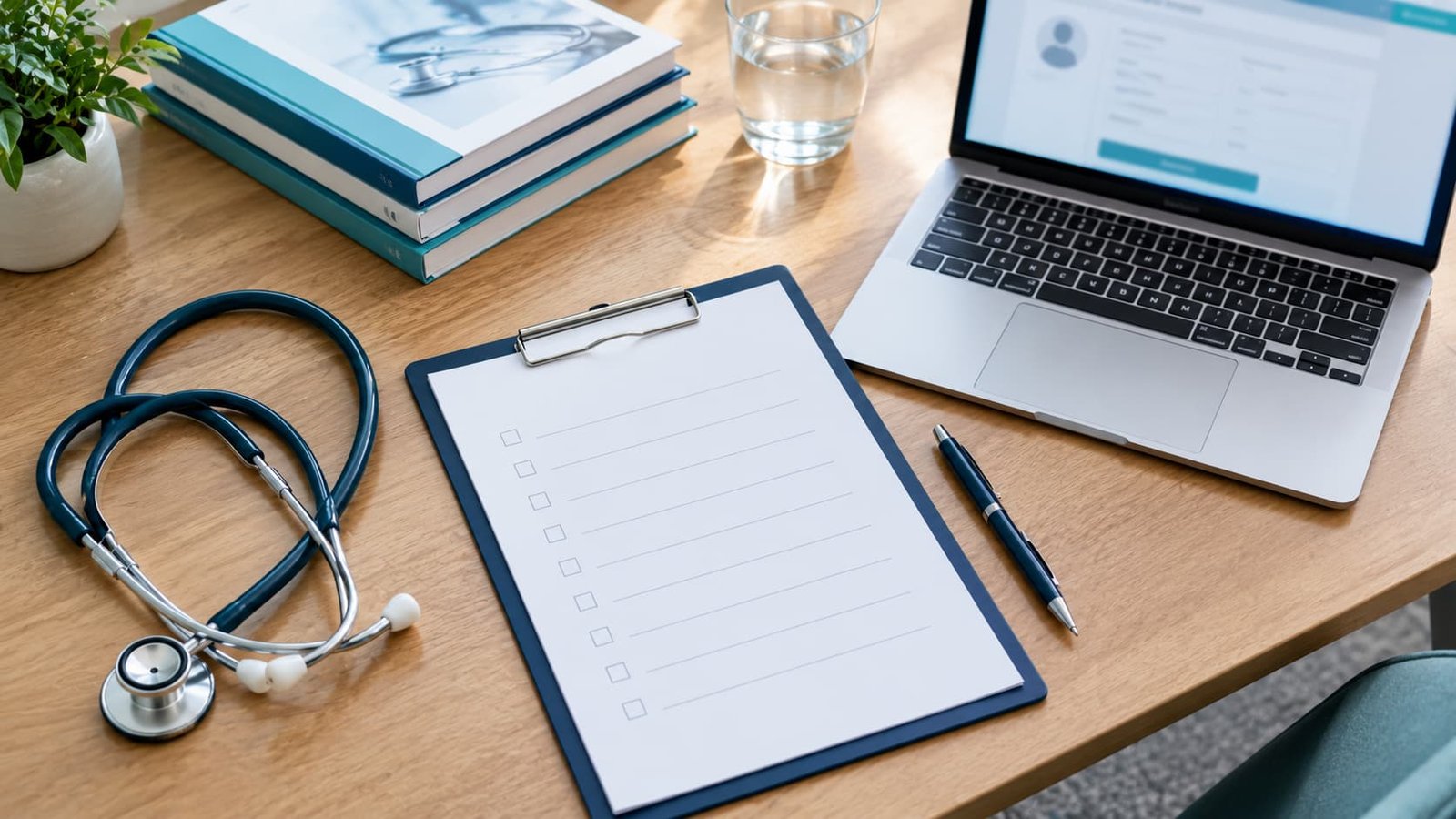 Checklist, stethoscope and medical journals on a desk representing how to choose a Priapus Shot clinic in London
