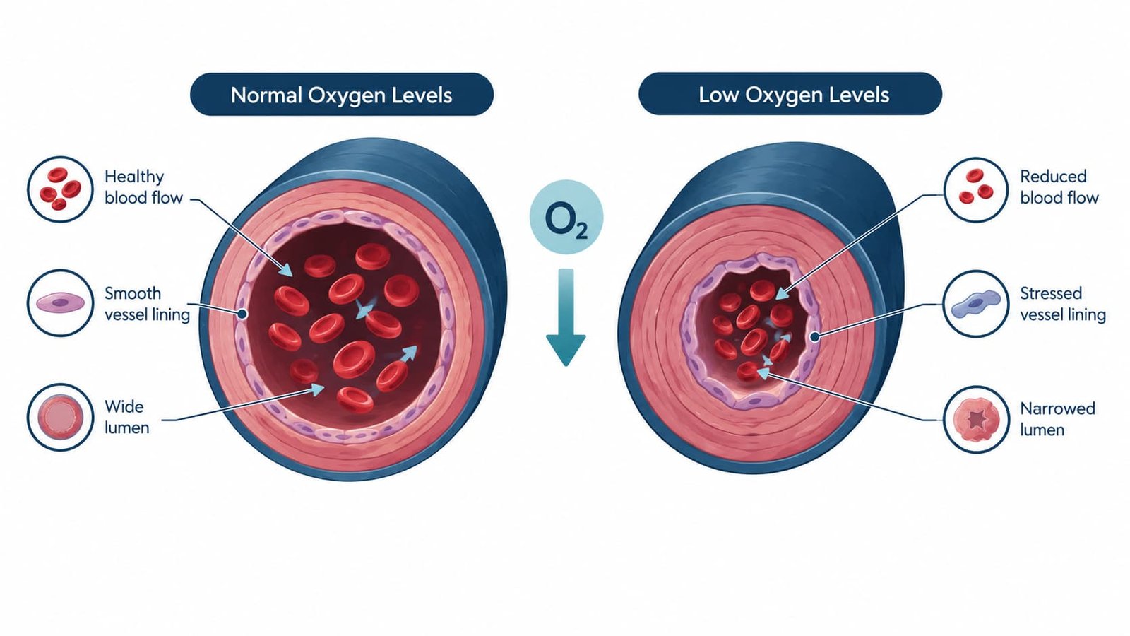 Diagram comparing healthy blood vessel flow with a vessel under low oxygen stress, showing how low oxygen affects erectile function
