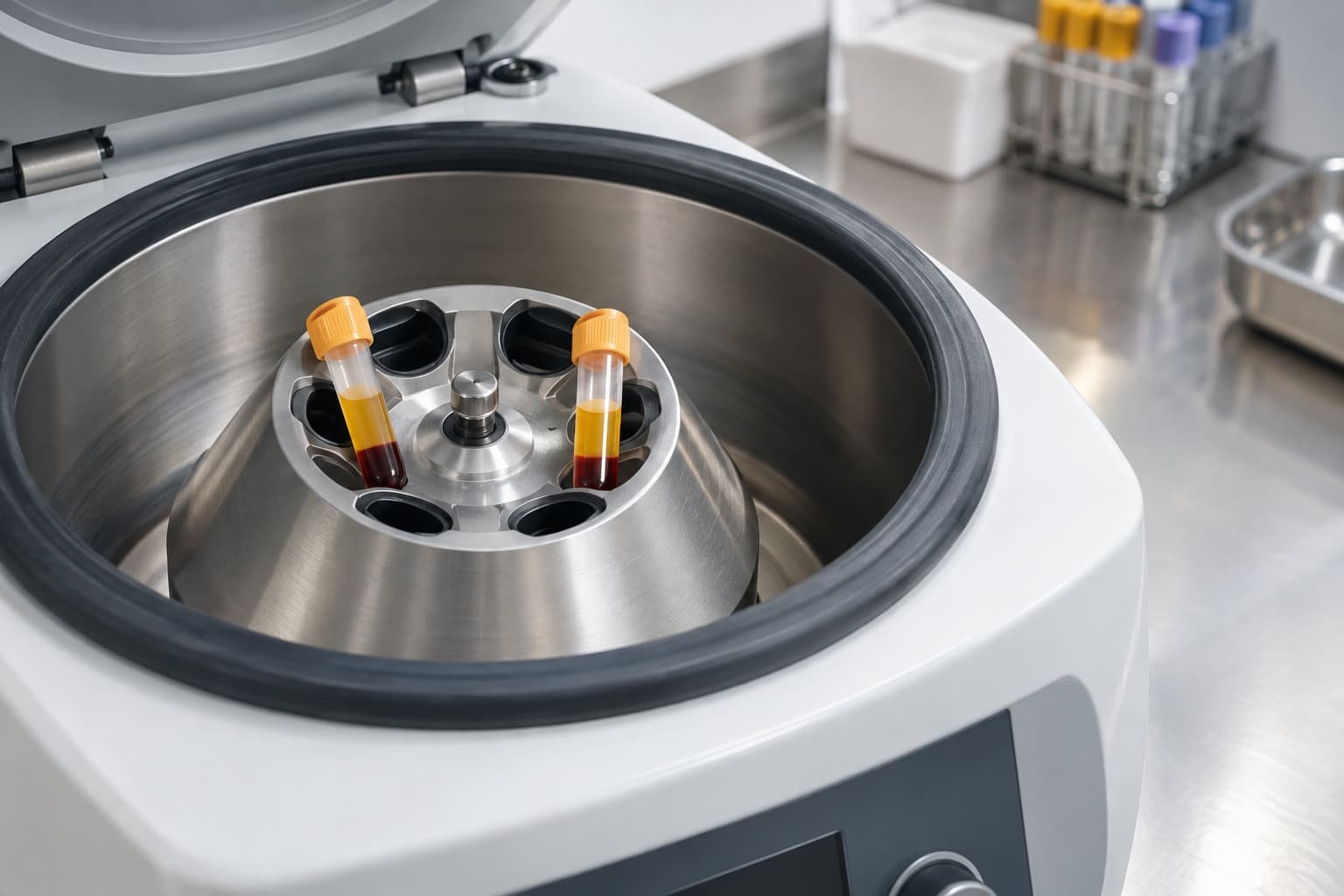 Centrifuge tubes showing separated platelet-rich plasma in a clinic laboratory