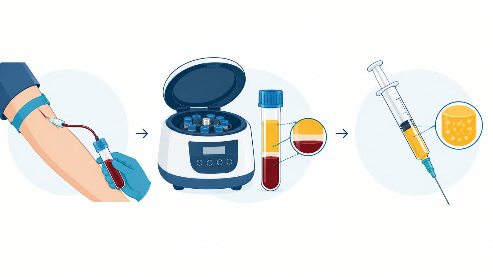 Diagram of blood draw, centrifuge separation and platelet-rich plasma layers used in P shot treatment