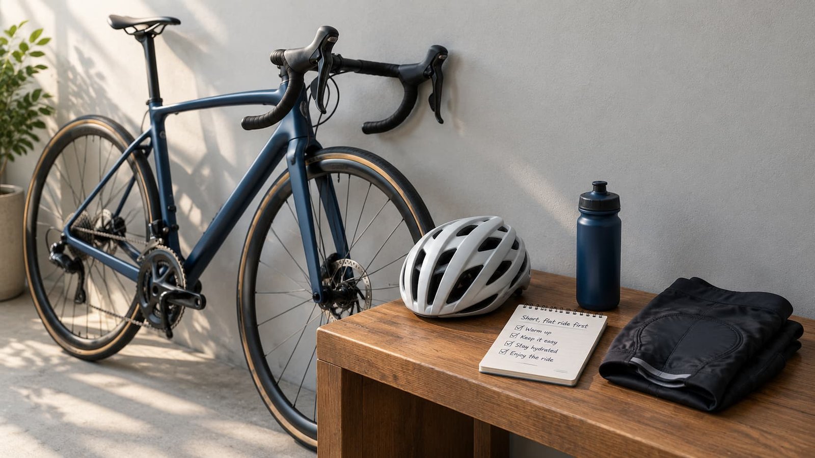 Road bike, helmet, padded cycling shorts and notepad prepared for a gradual return to cycling after P shot