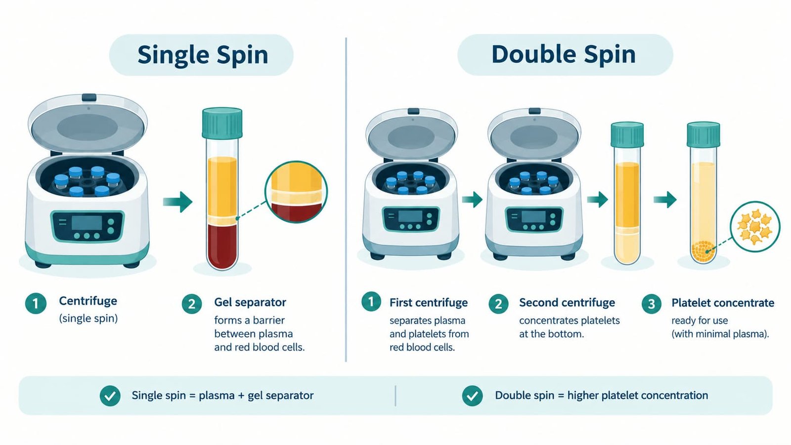 Illustration comparing single-spin PRP with one centrifuge cycle and dual-spin PRP with two centrifuge cycles