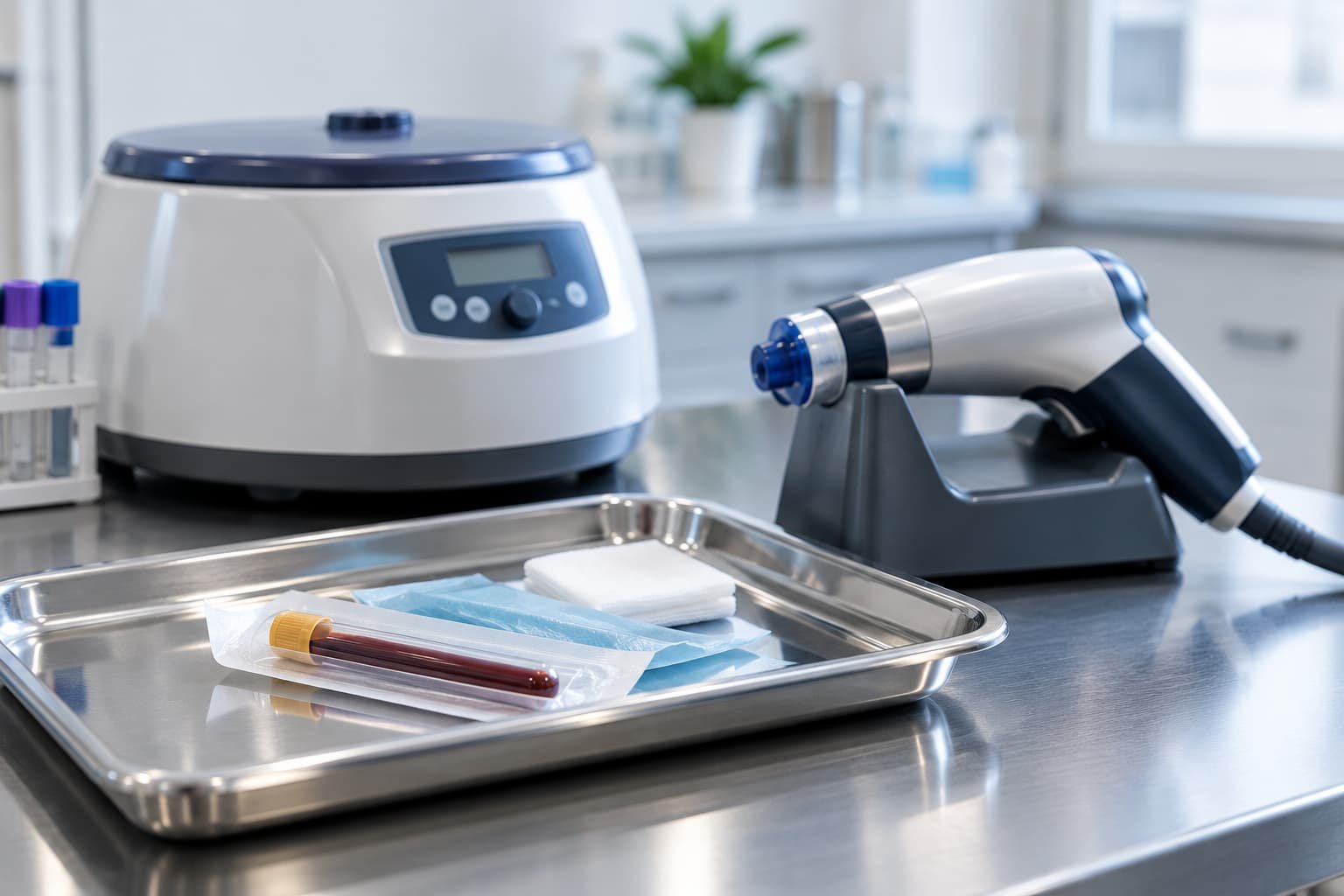 PRP preparation equipment and a handheld shockwave therapy applicator on a sterile clinic tray