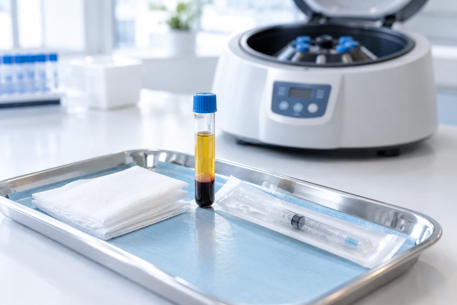 Sterile PRP tube, syringe and centrifuge prepared for a P shot treatment