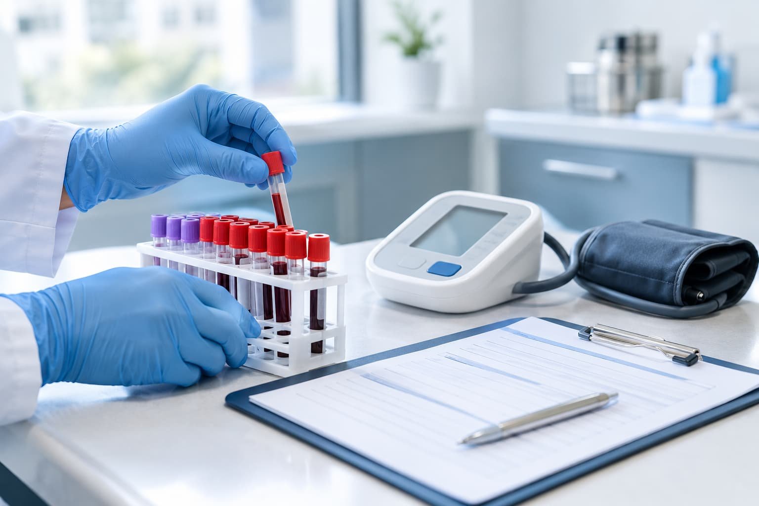 Blood test tubes and blood pressure monitor used in a pre-treatment health assessment